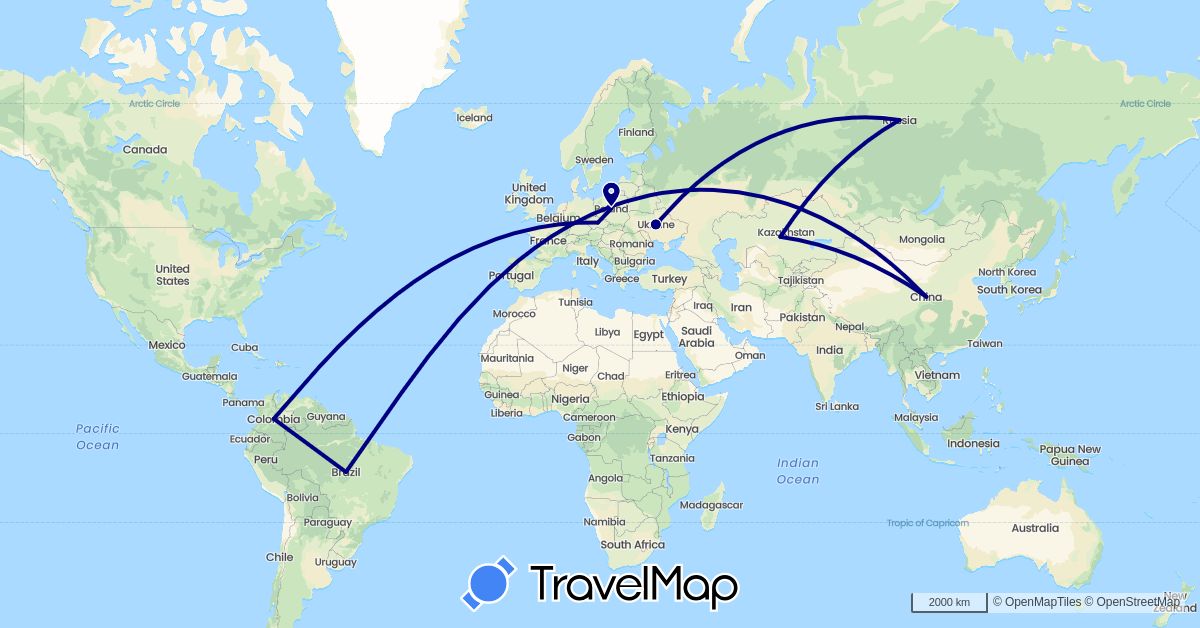 TravelMap itinerary: driving in Brazil, China, Colombia, Czech Republic, Kazakhstan, Poland, Russia, Ukraine (Asia, Europe, South America)